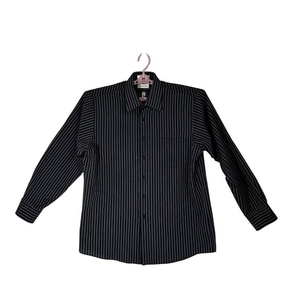 Van Heusen Mens Black & Gray Pinstripe Broadcloth Button-Up Shirt L Academia - Picture 2 of 13